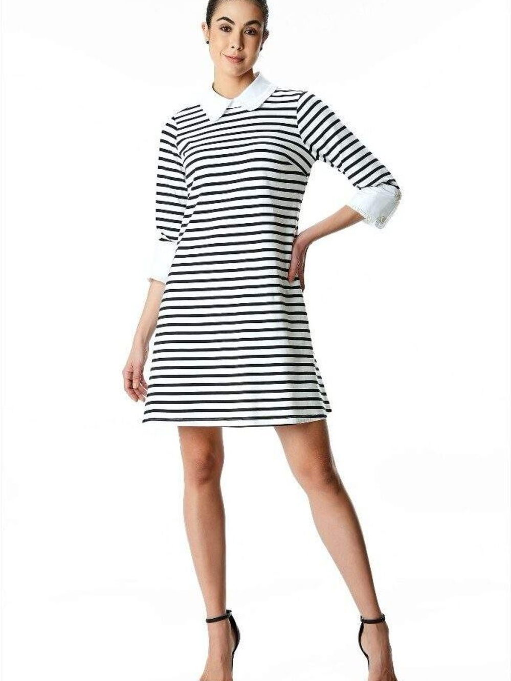 Striped Black & White Collar Midi Dress